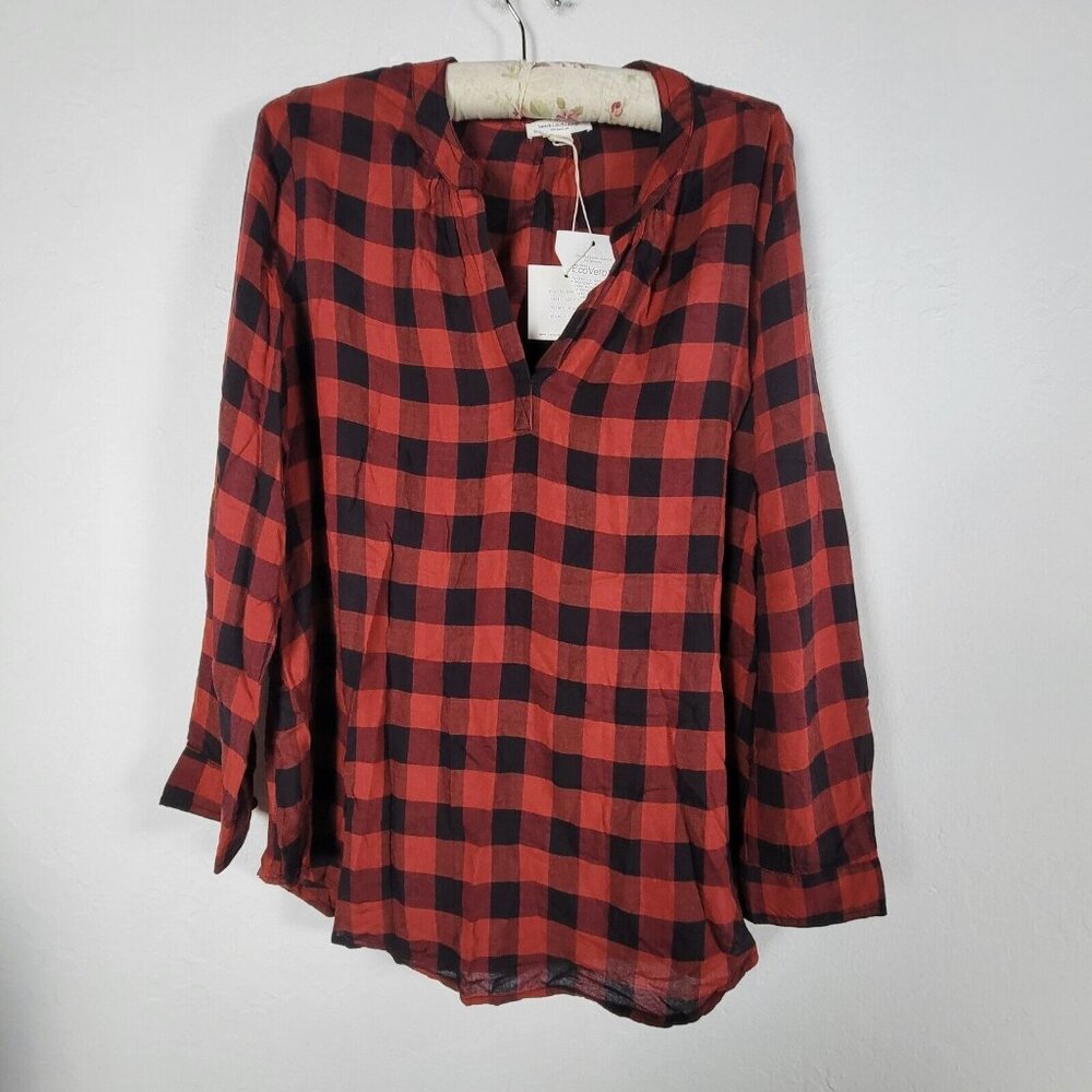 Beach Lunch Lounge Womens Plaid Bee Top Shirt Large What Now (Red Black) New
